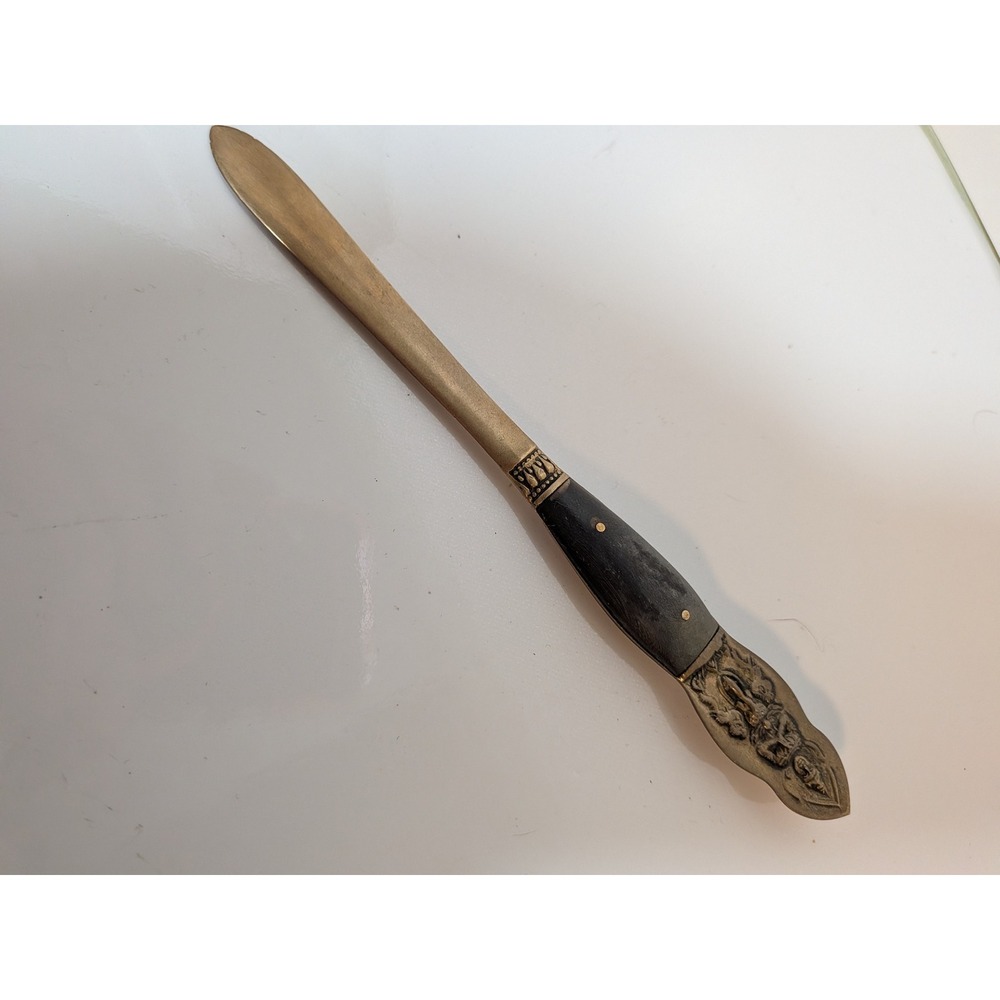 Vintage Thailand Brass Letter Opener Thai Deity Buddha Relief Wood Handle 6.25in